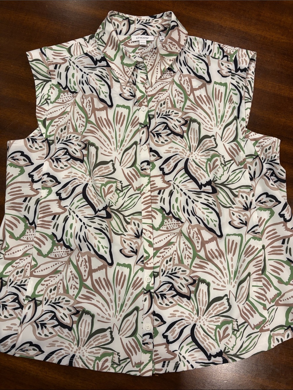 Chico's Sleeveless Floral Button-Down Top in Cream, Green & Brown